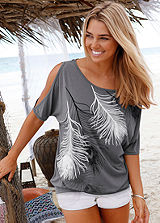 LASCANA Grey Feather Print T-Shirt